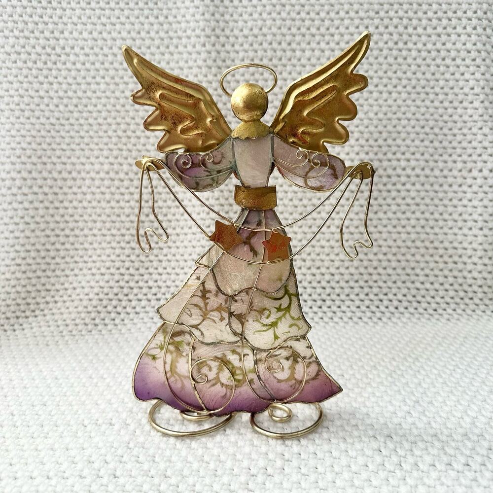 Vintage Gold Wire Metal Shimmer Capiz Shell Pink White Angel Holding Banner